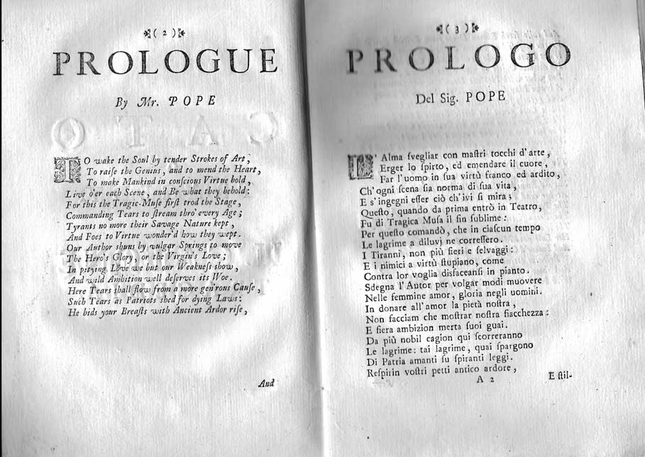 ADDISON, JOSEPH ; ANTON MARIA SALVINI, TRANS. - Cato, a tragedy by Mr. Addison.  Il Catone, tragedia del Signore Addison, tradotta da Anton Maria Salvini.